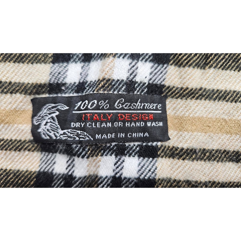 Italy Design 100% Cashmere Scarf Tan Plaid Check Fringe Winter Wrap LUXURY